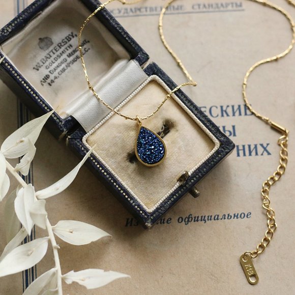 NEW 18K Gold Plated Blue Drusy Teardrop Necklace - Picture 2 of 9